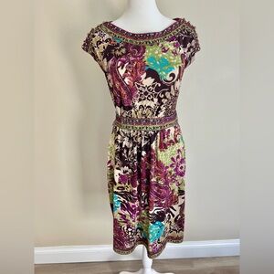 Vintage ICE Colorful Paisley Beaded Embellished Stretchy Boho Dress Size 6